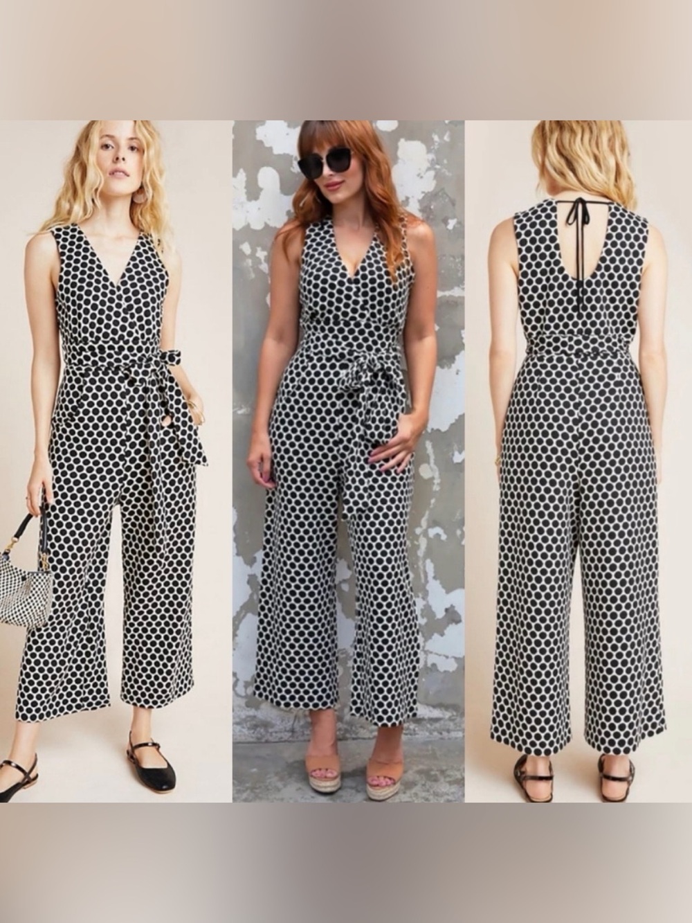 Eva Franco Chic Black & White Polka Dot Sleeveless Knit Jumpsuit with belt